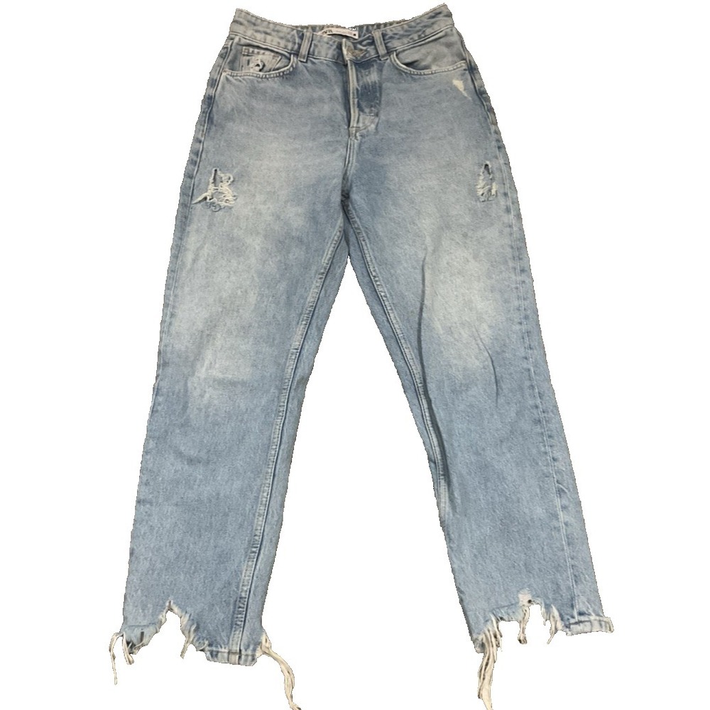 Zara Basic med wash‎ Denim Distressed Jeans Raw Hem Size 4 cropped
